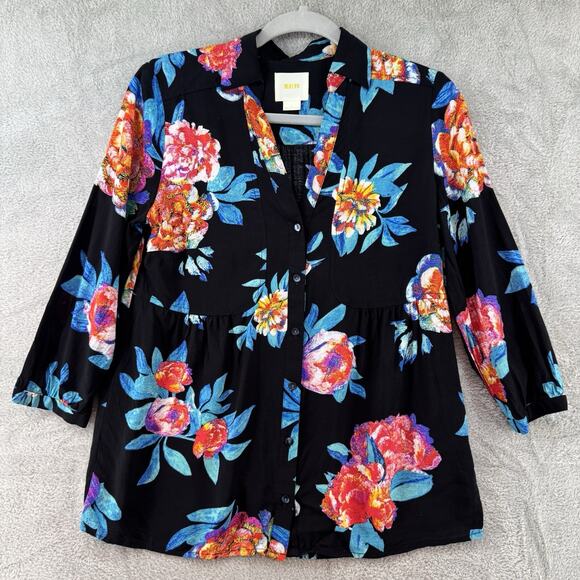 Maeve Top Women 4 Black Red Floral V-Neck Collared 3/4 Sleeves Button Up Casual - Picture 1 of 13